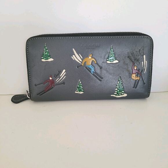 Coach Leather Wallet Ski Slopes Industrial Gray Zip Around Large Winter Limited - Picture 1 of 11